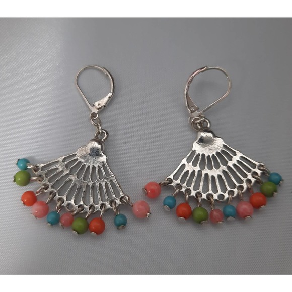 Silver Triangle multi colored dangle beads earrings - Picture 2 of 5